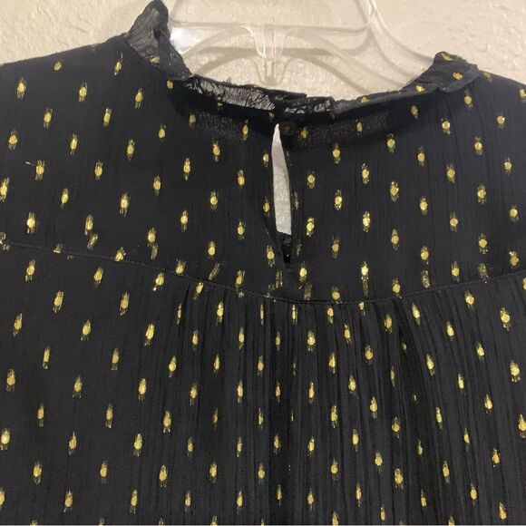 J. Crew Blouse Women’s Medium Black Yellow Sheer Polka Dot Ruffle Neck. - Picture 6 of 14